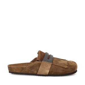 Slipper realizzate in pelle scamosciata di vitello.