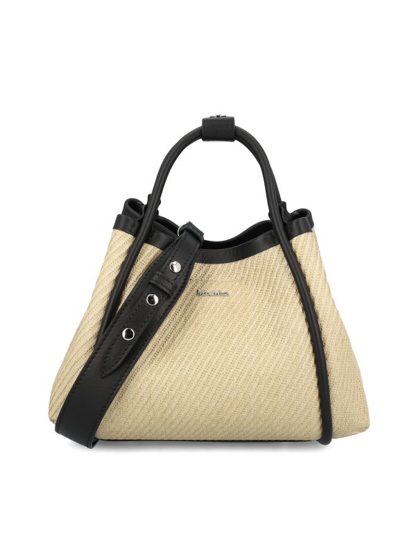Borsa realizzata in tessuto effetto rafia.
