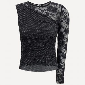 Top monospalla in pizzo e strass