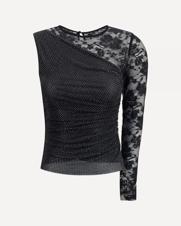 Top monospalla in pizzo e strass