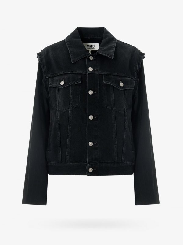Black denim jacket with fabric sleeves