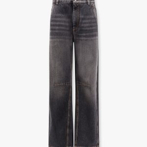 Black denim trouser with leather logo tag
