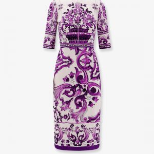 Silk midi pencil dress with Maiolica print