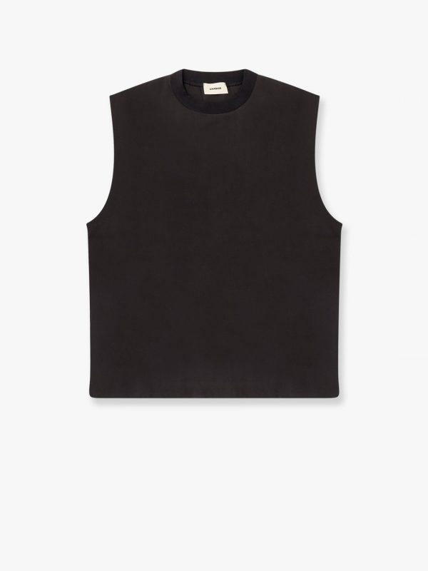 Modal top with rhinestone logo patch on the back