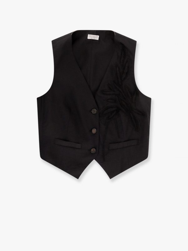 Techno cotton poplin vest with herbarium appliqué and monili