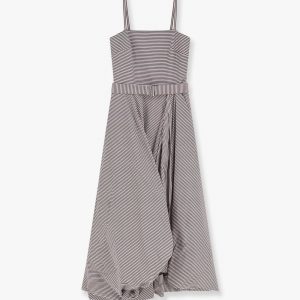 Striped cotton long dress with wide panel