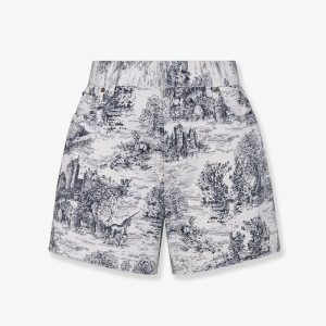 White cotton denim shorts with toile de jouy scotland blue motif