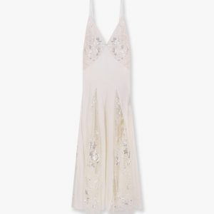 Red carpet dress in silk georgette fabric and embroidered lace