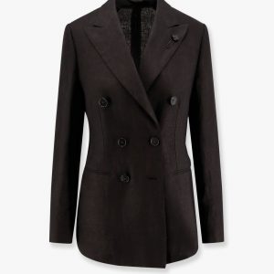 Adamsf linen blazer with iconic brooch