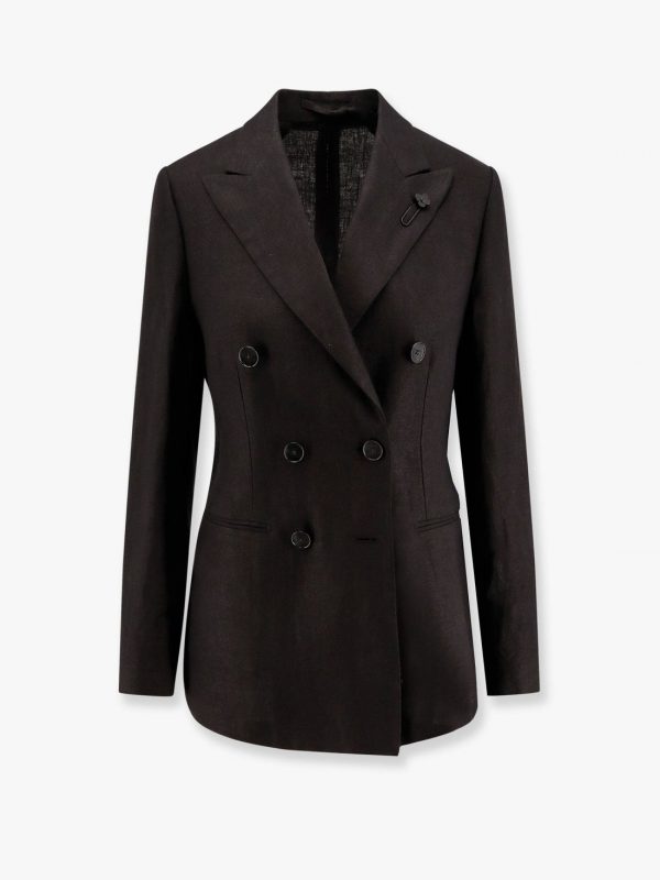 Adamsf linen blazer with iconic brooch