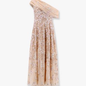 One-shoulder long dress with multicolor embroidery