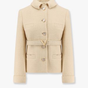 Wool blazer with leather belt and v gold buckle