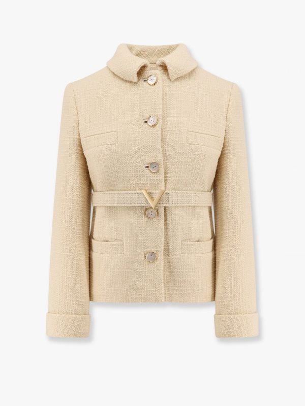 Wool blazer with leather belt and v gold buckle